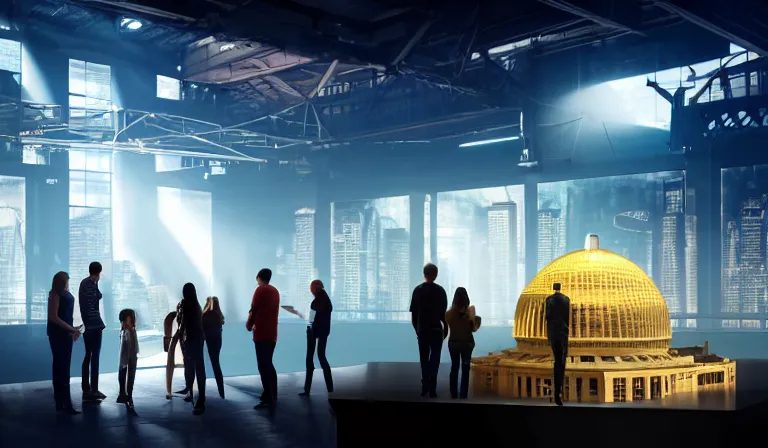 Prompt: group of people in walled warehouse, looking at hologram of futuristic city on a table, cinematic concept art, godrays, golden hour, natural sunlight, 4 k, clear details, tabletop model buildings, center model buildings, hologram center, crane shot, crane shot, crane shot