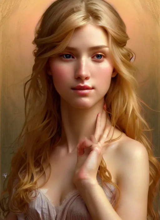 Image similar to face of feminine perfection!! concept art portrait of young wife blessed by god with ever - increasing physical mental perfection, blonde, symmetrical! intricate, sensual features, highly detailed, biblical!! holy perfection!! digital painting, artstation, smooth, sharp focus, illustration, art by artgerm and greg rutkowski and alphonse mucha