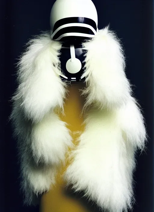 Prompt: realistic photo of a freestanding white helmet with pattern of white tiny energy stripes, brass beak, black latex mask, ears made of white fluffy furry sticks 1 9 9 0, life magazine reportage photo, natural colors