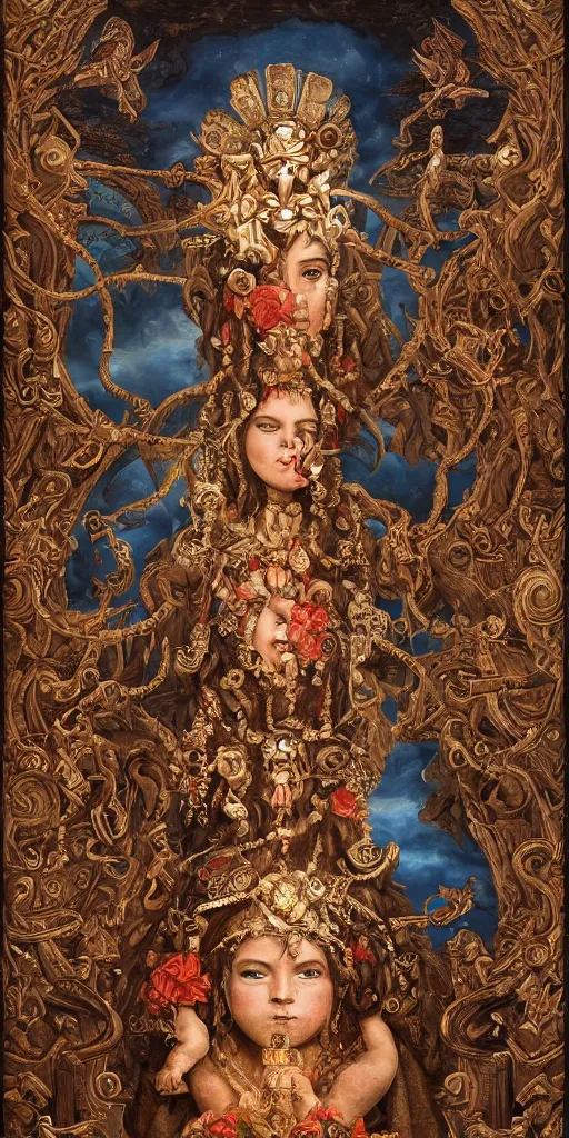 Image similar to a stunning and noble highly detailed romantic period style painting of the place where aztec gods come into being by james jean, josep tapiro baro and harles sillem lidderdale, trending on artstation, oil painting masterpiece, symmetry, rule of thirds, mysterious