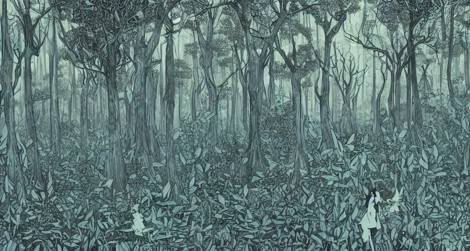 Prompt: A dense and dark enchanted forest with a swamp, by James Jean