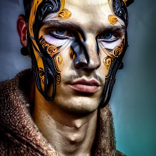 Prompt: an award finning closeup facial portrait by akseli kallen gallela luis rogyo and john howe of a bohemian male cyberpunk traveller clothed in excessively fashionable 8 0 s haute couture fashion and wearing ornate art nouveau body paint