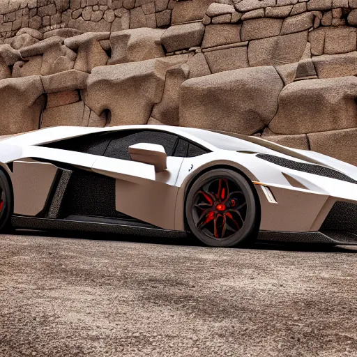 Prompt: lamborgini made of stone, inka style, hyper - realistic, very detailed, ray tracing, 8 k resolution, long - shot, sharp focus, low angle, 3 5 mm photograph, wide lens