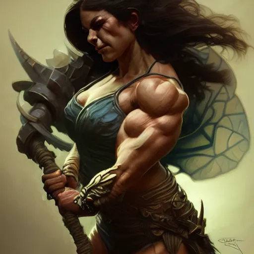 Image similar to Female orc, muscular upper body, D&D, fantasy, intricate, elegant, highly detailed, digital painting, artstation, concept art, smooth, sharp focus, illustration, art by artgerm and greg rutkowski and alphonse mucha