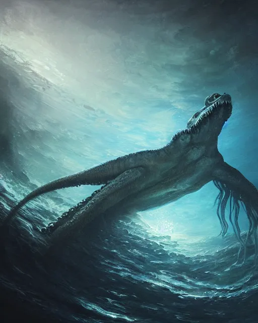 Prompt: A matted painting of a sea monster with many tentacles, on an underwater environment with expansive views of space, dark and moody, inspired by greg rutkowski and Keith Mallett, digital art, extremely moody lighting, glowing light and shadow, atmospheric, shadowy, cinematic