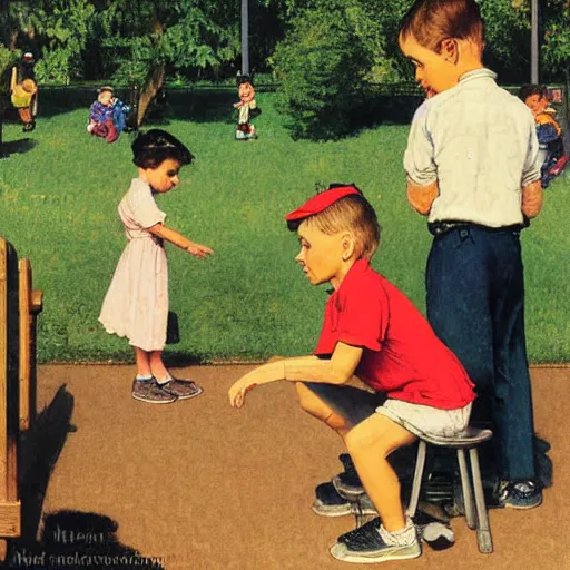 Image similar to child at a playground on an iphone, by norman rockwell
