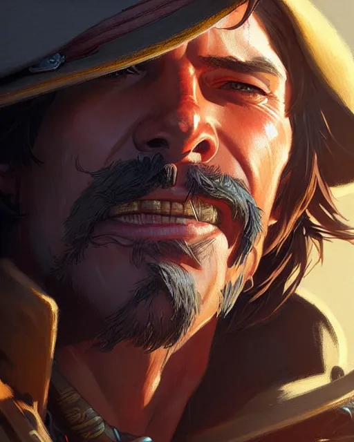 Image similar to mccree from overwatch, character portrait, portrait, close up, concept art, intricate details, highly detailed by greg rutkowski, michael whelan and gustave dore