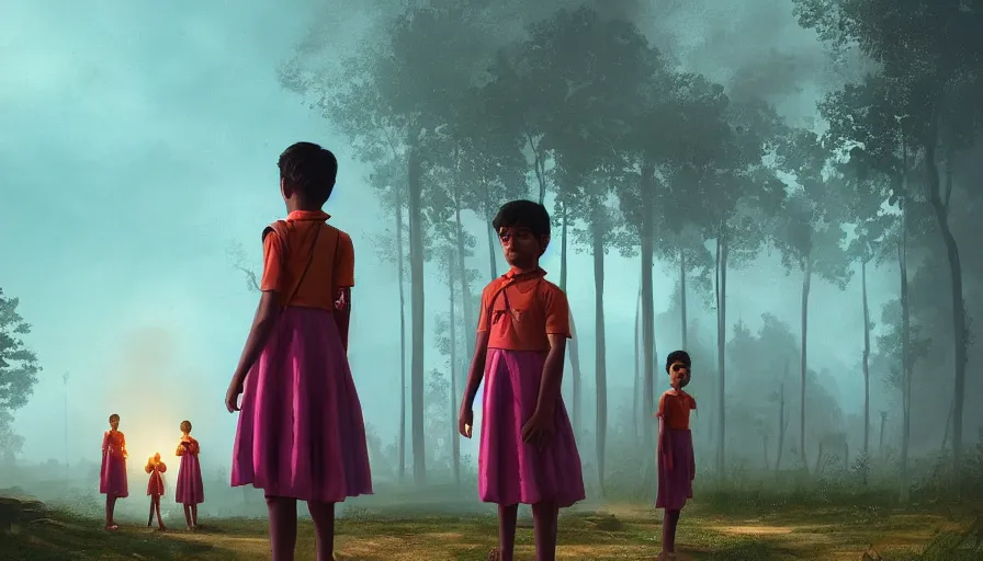 Image similar to kerala school boys wearing girls dresses posing for a photo, an epic fantasy, dramatic lighting, cinematic, establishing shot, extremely high detail, photorealistic, cinematic lighting, artstation, matte painting by simon stalenhag, horizon forbidden west