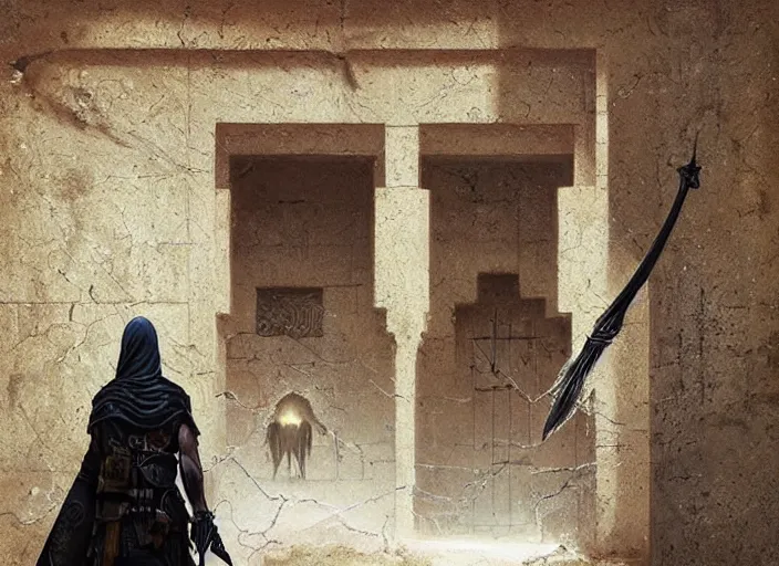 Image similar to surrealism grunge of an arab warrior infront of a dimentional gate . intricate artwork. Eerie ancient alien symbols carved into the walls, digital art,realistic,detailed,art by greg rutkowski