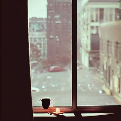 Image similar to “ a girl holding a cup of coffee looking out a window overlooking the east village in new york city, morning light, by gregory crewdson ”