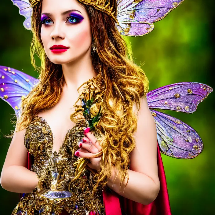 Image similar to photo of a very beautiful!! fairy queen with ornate sparkling robes, highly detailed, 4 k, hdr, smooth, sharp focus, high resolution, award - winning photo