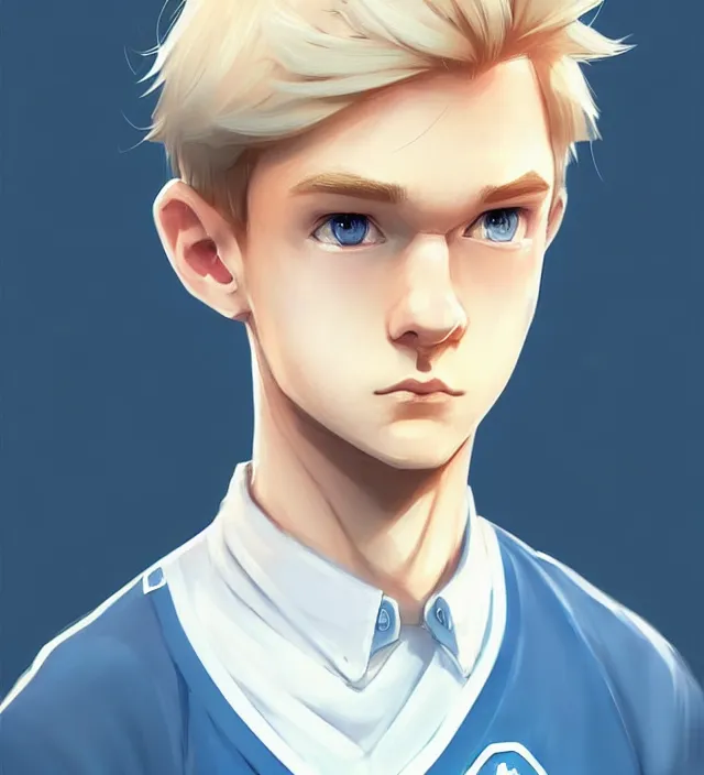 Prompt: character concept art of a cute young german boy with blond hair and bluish eyes, wearing a laboratory wear. lovely - fine - face, pretty face, key visual, realistic shaded perfect face, fine details by rossdraws, james jean, andrei riabovitchev, marc simonetti, sakimichan, trending on artstation