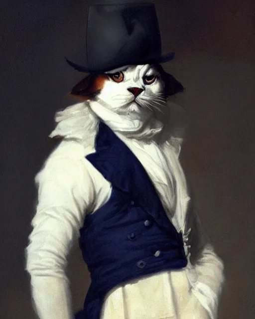 Image similar to cute brown burmese cat with serious expression wearing regency era menswear in navy and white, thomas lawrence, greg rutkowski