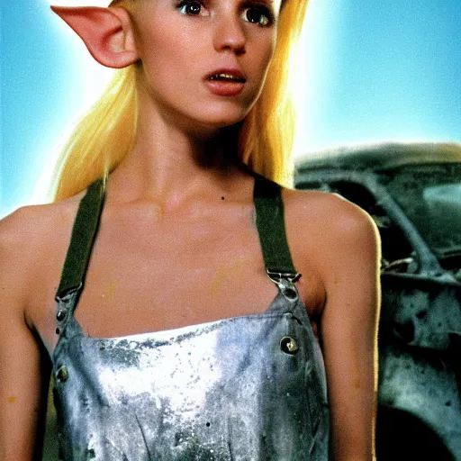 Image similar to a skinny female high-fantasy elf with a long face narrow chin and short spiky blonde hair wearing dark brown overalls and holding a bomb next to a destroyed car, gel spiked blond hair, small ears, narrow lips, high resolution film still, HDR color