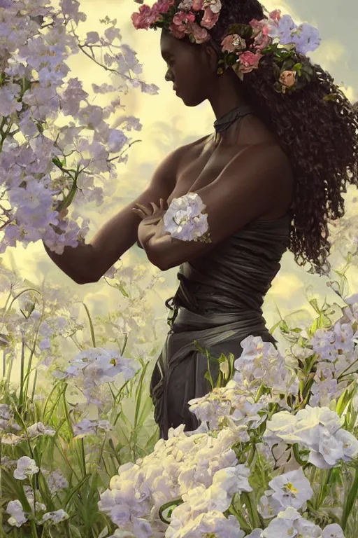 Prompt: ultra realistic illustration, black girl with flowers blossoming from helmet, elegant, highly detailed, digital painting, concept art, smooth, sharp focus, illustration, art by artgerm and greg rutkowski and alphonse mucha