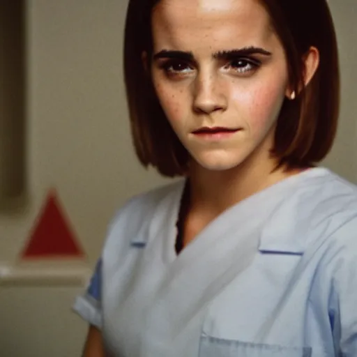 Prompt: emma watson, nurse scrubs, hospital, portrait, ponytail, mouth open, rolling eyes, head and shoulders, award winning, kodak ektachrome expired blue tint,