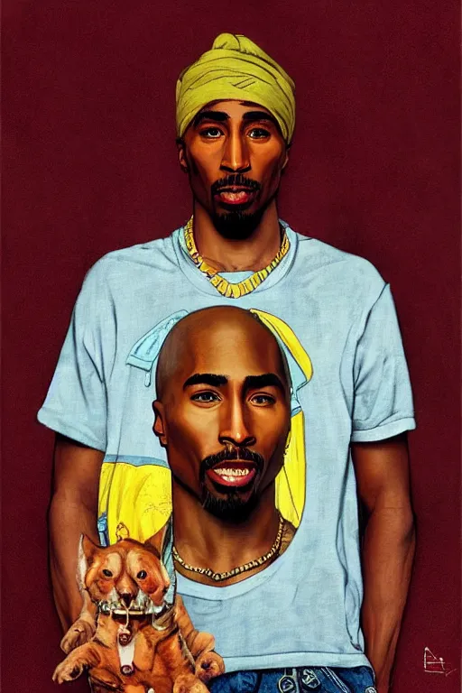 Prompt: Tupac, illustrated in whimsical style, Illustration by Norman Rockwell, artgerm, loish, oil painting,