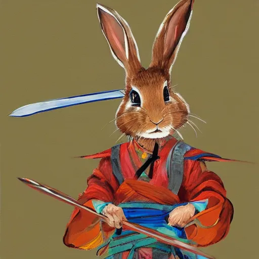 Prompt: rabbit swordsman, brush strokes, oil painting, kazuki takahashi