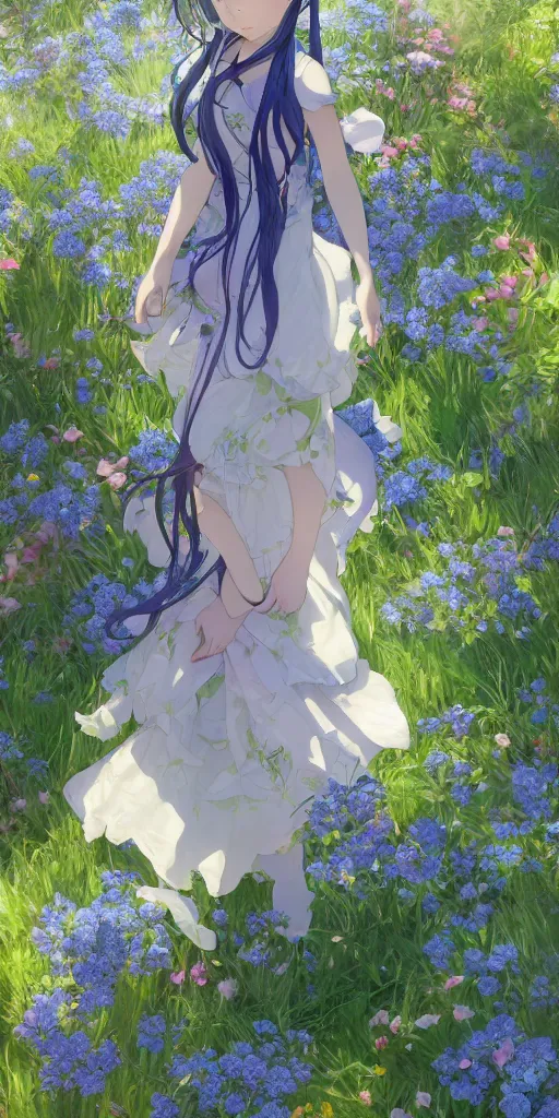 Image similar to a digital art of a loli with long hair in a dress in the privet garden at after noon, green and warm theme, blue flowers accents, back lighting, by krenz cushart and mucha and akihito yoshida and greg rutkowski and makoto shinkai, highly detailed, 4 k resolution, trending on art station