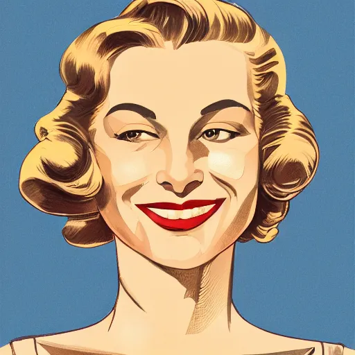 Image similar to smiling, happy, beautiful, intelligent, powerful ww 2 housewife, 2 9 years old, loving eyes, fully clothed, wise, beautiful, dramatic lighting, sharp focus, by stanley artgerm, dramatic lighting, trending on artstation, flat colour, geometric curves, gradient filter, art deco patterns