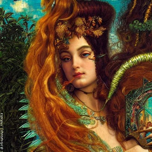 Image similar to intricate detail, hyper detail, by gaston bussiere, sandro botticelli, lady of elche, techno mystic princess intergalactica, inanna, ashteroth, with neon aqua rapunzel dreadlocks, detailed, masterpiece, sharp focus,