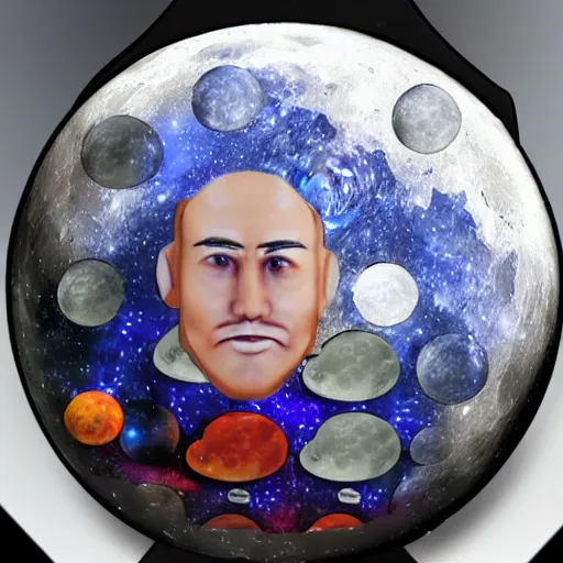 Image similar to a masterpiece of a holo around the moon with cartoon face on it, old photo, detailed, sci - fi, technology