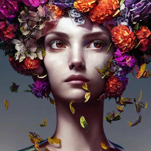 Prompt: the portrait of an absurdly beautiful, graceful, elegant, young woman made of petals looking up, an ultrafine detailed illustration by kim jung gi, irakli nadar, intricate linework, bright colors, octopath traveler, final fantasy, angular, unreal engine 5 highly rendered, global illumination, radiant light, detailed and intricate environment