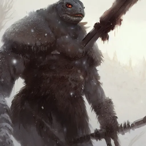 Image similar to anthropomorphic turtle barbarian humanoid, carapace, greg rutkowski, blizzard, winter, night, furs, fantasy