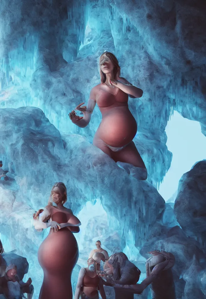 Image similar to epic leader pregnant woman talking to all her tribe with futuristic fluorescence mutant veins, proud people looking at the pregnant woman, ice cave, facinating, fantasy digital art, octane render, beautiful composition, trending on artstation, coherent, masterpiece