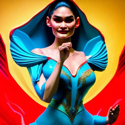 Image similar to pia wurtzbach as darna, wax figure, volumetric lights, red and cyan theme, art nouveau botanicals, intricate, highly detailed, digital painting, artstation, concept art, smooth, sharp focus, cinematic, illustration, beautiful face, art by artgerm and greg rutkowski and alphonse mucha