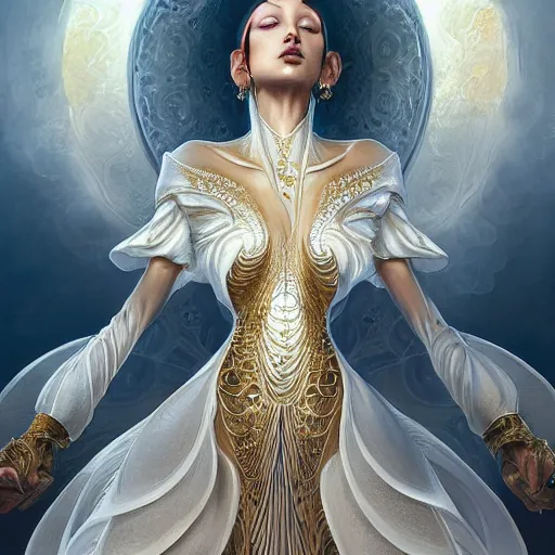 Image similar to a beautiful woman wearing a white dress made of silk with golden ornaments and diamonds jewelry by alex gray and android jones , Karol Bak, Ayami Kojima, Amano , concept art, character design, fantasy,3D, 8k resolution