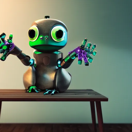 Image similar to a robot frog on a table, octane render, 3D, extremely detailed, accurate