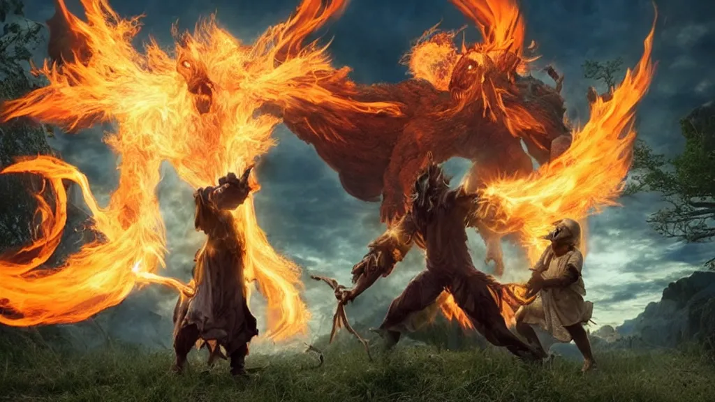 Prompt: Powerful wizard summoning a fiery behemoth