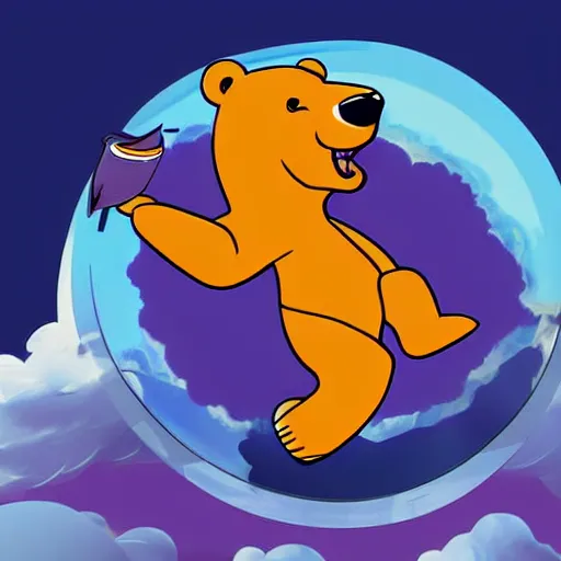 Image similar to cartoon illustration of a bear mascot being launched from a futuristic marble planet, purple and orange cloudland