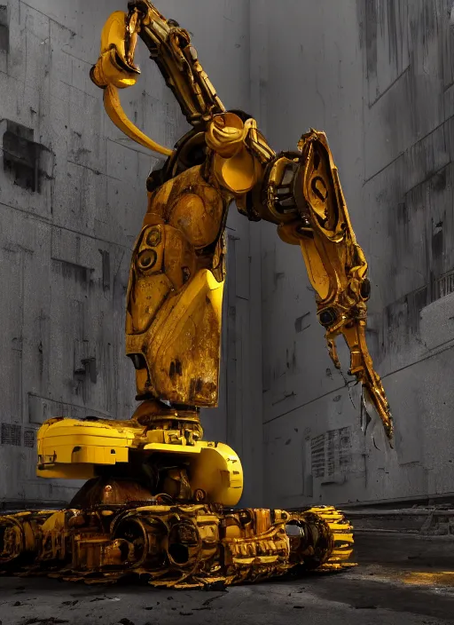 Image similar to a photorealistic dramatic hyperrealistic render of a futuristic exosuit power excavator heavy machinery, ultra realistic details, glossy yellow, well worn, rust, oil stains by vitaly bulgarov and mike nash, beautiful dramatic dark moody tones and lighting, cinematic atmosphere, studio lighting, global illumination, shadows, dark background, octane render, 8 k