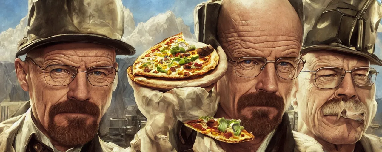 Prompt: epic portrait of walter white with pizza on his head from breakingbad, detailed, digital painting, artstation, concept art, donato giancola, joseph christian leyendecker, wlop, boris vallejo, breathtaking, high details, extremely detailed, establishing shot, artistic, hyper realistic, still shot from breakingbad series - h 7 6 8