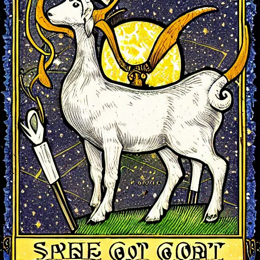 Image similar to detailed tarot card of a space goat, 1900s style, intricate, Artstation