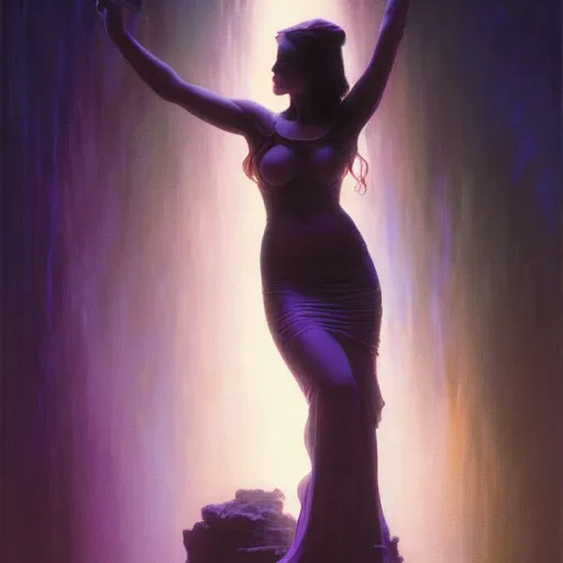 Image similar to concept art painting of a beautiful figure called the moonbow queen, a rainbow in the dark, colorful, by Michael Whelan, William Adolphe Bouguereau, and Donato Giancola, highly rendered, beautiful, cyberpunk, artstation, extremely moody lighting, glowing light and shadow, atmospheric, shadowy, cinematic, 8K