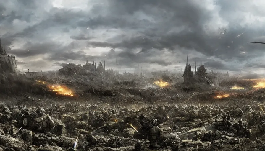 Prompt: matte painting of a huge battlefield