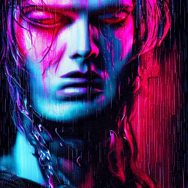 Image similar to bright aesthetic portrait LSD glowing backlit rain on face and wet hair, cyberpunk, overhead lighting, fantasy, intricate, elegant, dramatic lighting, highly detailed, lifelike, photorealistic, digital painting, artstation, illustration, concept art, smooth, sharp focus, art by John Collier and Albert Aublet and Krenz Cushart and Artem Demura and Alphonse Mucha