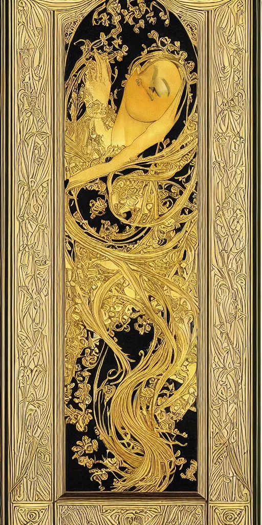 Image similar to an intricate art nouveau frame, golden entertwined edges art, black void center, matte, sharp focus,