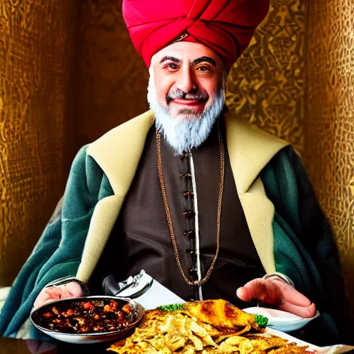 Prompt: Portrait of the Ottoman Sultan Mehmet IV eating shawarma in Downtown New York, wearing big ovular turban and a luxurious Ottoman coat, green eyes, detailed face, Ottoman Sultan, smile, cheerful, expressive, photorealistic, hyperrealism, micro details, HDR Shot, 16k