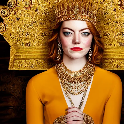 Image similar to A portrait of Emma Stone wearing a golden Arabian crown , royality, high quality, fully detailed, 4k