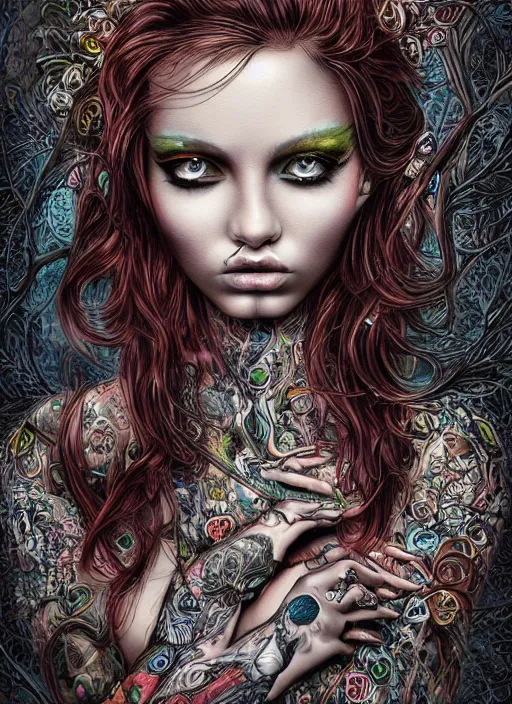 Prompt: portrait of a female model, vivid, intricate, highly detailed, smooth, digital illustration, the dark and quirky art of scott radke