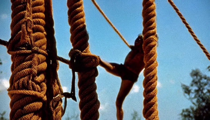 Prompt: 1 9 7 0 s movie still close - up of marcus atilius regulus tied with ropes at a pole with his wide open bleeding eyes looking at the burning sun, cinestill 8 0 0 t 3 5 mm eastmancolor, high quality, heavy grain, high detail, texture, dramatic light, anamorphic, hyperrealistic, detailed hair