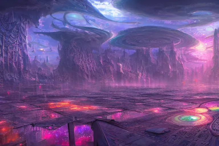 Prompt: a psychedelic city at the edge of existence where intensely creative astral beings live, in the style of wlop, illustration, epic, fantasy, hyper detailed, smooth, unreal engine, sharp focus, ray tracing
