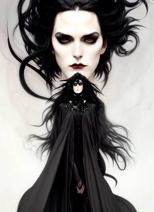 Image similar to goth tall man with wind swept black hair wearing a long flowing black cape , intricate, elegant, highly detailed, digital painting, artstation, concept art, smooth, sharp focus, illustration, art by artgerm and greg rutkowski and alphonse mucha and francisco goya