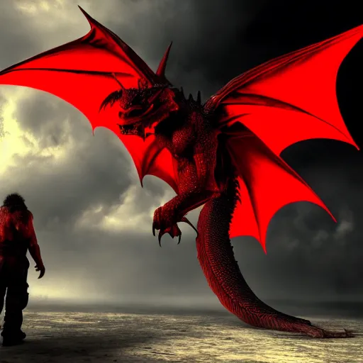 Image similar to dragon,big,monster,beast,furry,red,black,realistic render,spike,light,back round, four wings,fire,