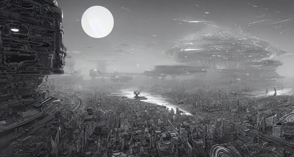 Prompt: view on futuristic city in the horizon, illustration by nicolas delort, detailed, sharp, 8 k