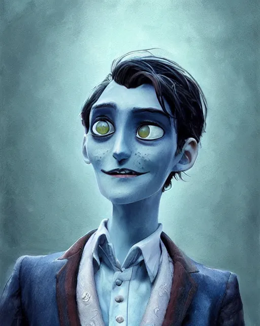 Prompt: still film, johnny depp as the clumsy adorable male victor van dort from the corpse bride if made by krenz cushart and wenjun lin, portrait, illustration, rim light, top light, summer clear blue sky, perfectly shaded, soft painting, epic, intricate, art